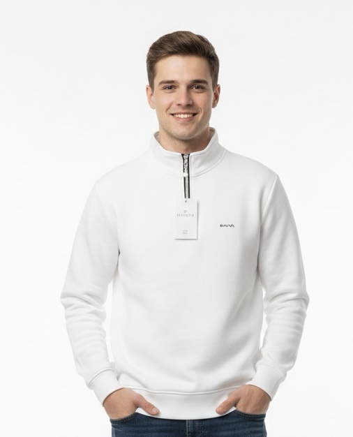 Optik Beyaz Yarım Fermuarlı Slim-Fit Premium Sweatshirt